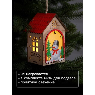 Ёлочная игрушка «Домик со снеговиком», 14.5×11×8.5 см, 1 LED, от батареек, свечение тёплое белое