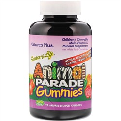 Nature's Plus, Source of Life, детские жевательные конфеты Animal Parade, со вкусом вишни, апельсина и винограда, 75 жевательных конфет в форме животных