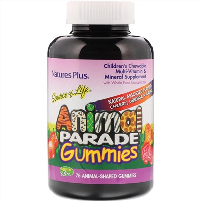 Nature's Plus, Source of Life, детские жевательные конфеты Animal Parade, со вкусом вишни, апельсина и винограда, 75 жевательных конфет в форме животных