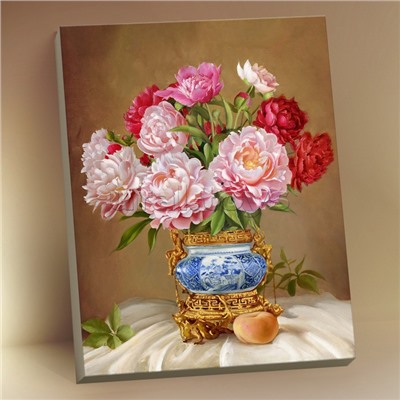 Картина по номерам 40х50 "Бузин. Пионы в Китайской фарфоровой вазочке" с поталью (28 цветов)