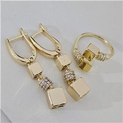 Комплект ювелирной бижутерии Итальянское золото (покрытие желтое 14к), серьги и кольцо разъемное 17/19 р, вставка: фианиты, цвет: прозрачный, арт.313.314-17/19