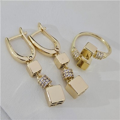 Комплект ювелирной бижутерии Итальянское золото (покрытие желтое 14к), серьги и кольцо разъемное 17/19 р, вставка: фианиты, цвет: прозрачный, арт.313.314-17/19