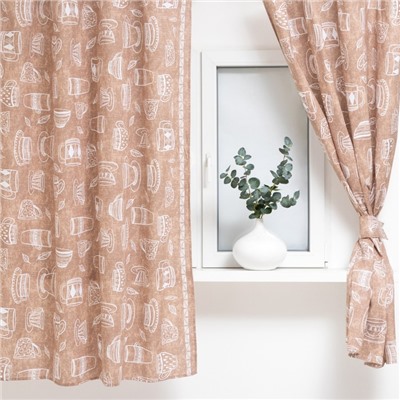 Шторы для кухни «Доляна» Cup of tea 150×180 см- 2 шт., подхваты - 2 шт., 164 г/м², 100% хлопок