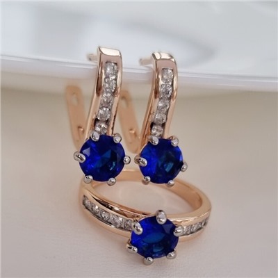 Комплект ювелирной бижутерии коллекция "Дубай" серьги и кольцо 18 р, покрытие позолота, вставка: фианиты, цвет: синий и прозрачный, арт.215.376-18