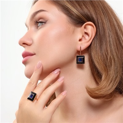 Комплект ювелирной бижутерии коллекция "Дубай" серьги и кольцо 18 р, покрытие позолота, вставка: цветная эмаль и крупный фианит, цвет: синий и черный, арт.215.338-18