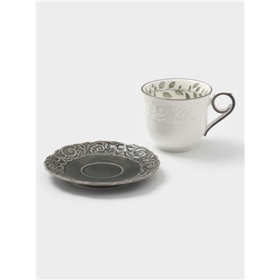 Чайная пара WY Floral Laceware, 2 предмета: чашка 300 мл, блюдце d=15 см, фарфор, белая, серая