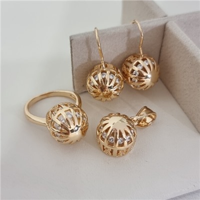Комплект ювелирной бижутерии коллекция "Дубай" серьги, кулон и кольцо 19 р, покрытие позолота, вставка: цирконы, цвет: прозрачный, арт.217.529-19