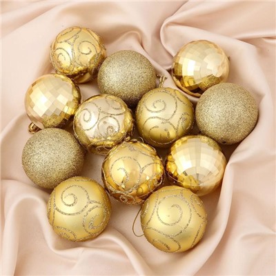 Ёлочные игрушки «Глория», шары новогодние, d=6 см, набор 12 шт., золотистый