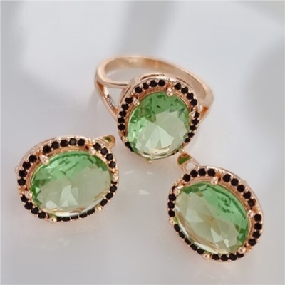 Комплект ювелирной бижутерии коллекция "Дубай" серьги и кольцо 19 р, покрытие позолота, вставка: фианиты, цвет: светло-зеленый и черный, арт.215.352-19