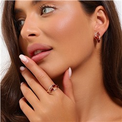 Комплект ювелирной бижутерии коллекция "Дубай" серьги и кольцо 17 р, покрытие позолота, вставка: фианиты, цвет: оранжево-красный, арт.215.521-17