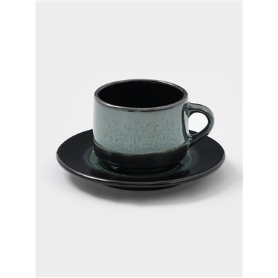 Чайная пара Хорекс Verde notte, чашка 200 мл, блюдце d=15.5 см, фарфор, чёрная, зелёная