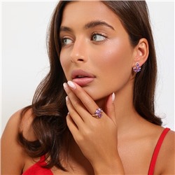 Комплект ювелирной бижутерии коллекция "Дубай" серьги и кольцо 18 р, покрытие позолота, вставка: фианиты, цвет: фиолетовый и прозрачный, арт.215.483-18