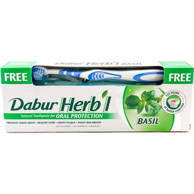Dabur Herb'l Toothpaste Basil with Toothbrush / Дабур Зубная Паста Защита Полости Рта с Базиликом + Зубная Щётка Ср. Жесткости 150 г