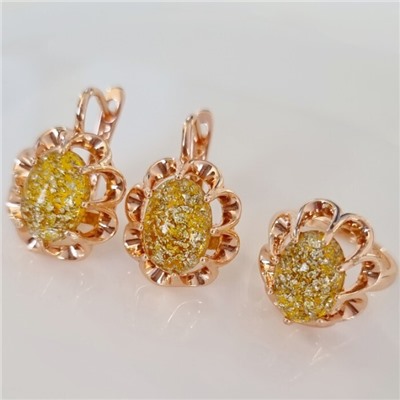 Комплект ювелирная бижутерия коллекция  "Дубай" серьги и кольцо 20 р, покрытие: позолота, вставка: искусственный камень с вкраплениями, цвет: желтый, арт.313.126-20