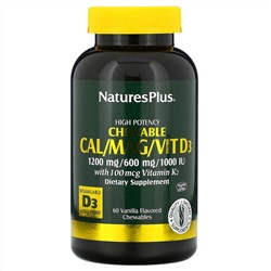 Nature's Plus, комплекс с кальцием, магнием и витамином D3, со вкусом ванили, 60 жевательных таблеток