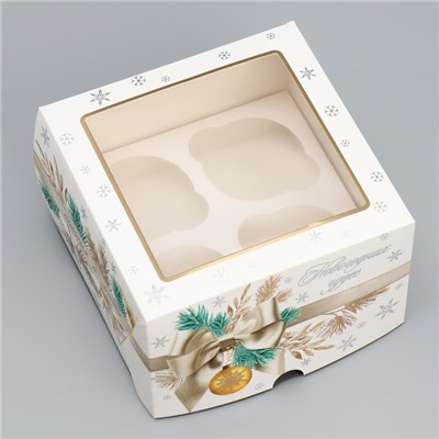 Коробка складная на 4 капкейка с окном «Новогодних чудес», 16×16×10 см