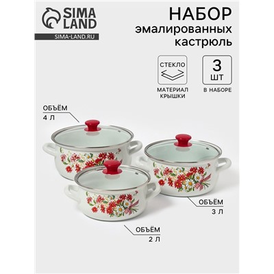 Набор кастрюль эмалированных «Астры-1-Экстра», 3 предмета: 2 л, 3 л, 4 л, белый