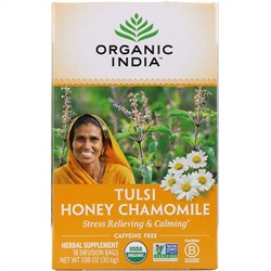 Organic India, чай с тулси, медом и ромашкой, без кофеина, 18 пакетиков, 30,6 г (1,08 унции)