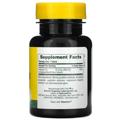 Nature's Plus, витамин D3, 400 МЕ, 90 таблеток