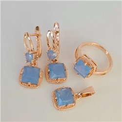 Комплект ювелирной бижутерии Дубайское золото: серьги, кулон и кольцо 20 р с крупным камнем, покрытие позолота, вставка: фианит, цвет: голубой, арт.314.964-20