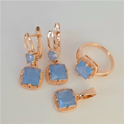 Комплект ювелирной бижутерии Дубайское золото: серьги, кулон и кольцо 20 р с крупным камнем, покрытие позолота, вставка: фианит, цвет: голубой, арт.314.964-20