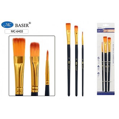 Набор кистей 3 шт: нейлон (плоские, круглые  №2,10,12) МС-6405 Basir