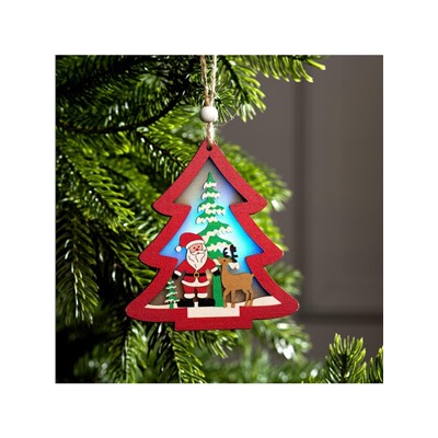 Ёлочная игрушка «Красная ёлочка с Дедом Морозом», 11×11×1.5 см, от батареек, свечение RGB