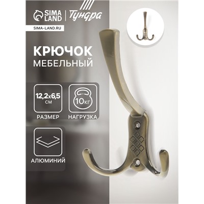 Крючок мебельный ТУНДРА TKT003, трехрожковый, бронза