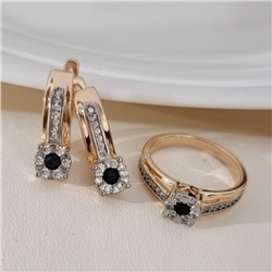 Комплект ювелирной бижутерии коллекция "Дубай" серьги и кольцо 18 р, покрытие позолота, вставка: фианиты и цирконы, цвет: черный и прозрачный, арт.215.695-18