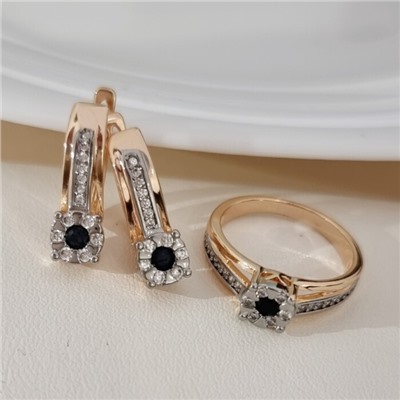 Комплект ювелирной бижутерии коллекция "Дубай" серьги и кольцо 18 р, покрытие позолота, вставка: фианиты и цирконы, цвет: черный и прозрачный, арт.215.695-18