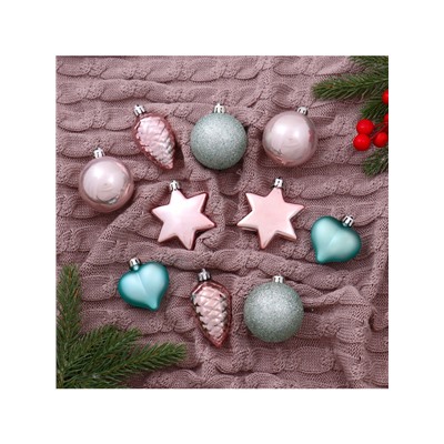 Ёлочные игрушки «Джоан», новогодние, набор 10 шт., розово-зелёный