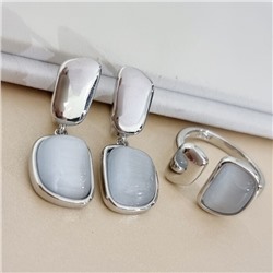 Комплект ювелирной бижутерии коллекция "Дубай" с камнем кошачий глаз, серьги и кольцо разъемное 18-19 р, покрытие посеребрение, арт.313.474-18/19