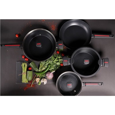 Сковорода Magistro Flame, d=28 см, h=5 см, кованый алюминий, ручка soft-touch, антипригарное покрытие, индукция, чёрная