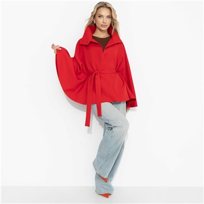 Жакет‑кейп на подкладе, Дикое притяжение (с поясом, красный)