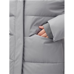 Пальто утепленное стеганное зимнее с капюшоном женское серого цвета 9620Sr