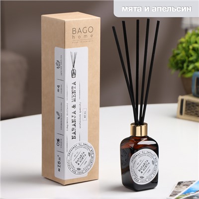 Ароматический диффузор BAGO home, мята и апельсин, с палочками, для дома, 40 мл