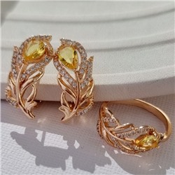 Комплект ювелирная бижутерия коллекция  "Дубай" серьги и кольцо 17 р, покрытие: позолота, вставка: фианиты, цвет: желый и прозрачный, арт.217.304-17