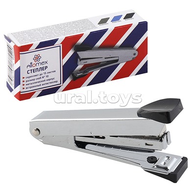 Степлер "Attomex" № 10 (мощность 15 листов, глубина скрепления 54 мм) металлический, со встроенным металлическим антистеплером, в картонной коробке, черныйв картонной коробке, черный