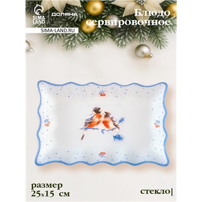 Блюдо сервировочное новогоднее Доляна «Снегири на ветке«», 25×16 см, стекло, белое, голубое
