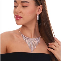 Комплект колье-чокер и серьги, цвет камня серебристый переливающийся, 191929, арт. 017.015