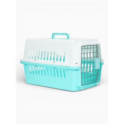 Переноска для животных, 49×31×31 см, с металлической дверью, пластик, белая, бирюзовая