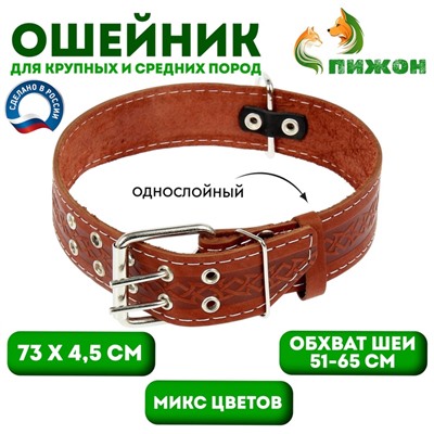 Ошейник кожаный однослойный, 73×4.5 см, ОШ 51-65 см, микс