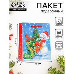 Пакет новогодний подарочный ламинированный «Змейка и снеговик», упаковка, 18×22.3×10 см