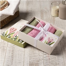 Салфетки махровые «Этель. Цветы», 5 шт., 30×30 см, хлопок 100%, зелёные/розовые