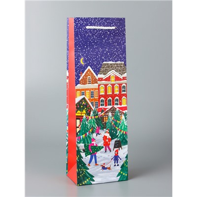 Пакет подарочный новогодний под бутылку, упаковка «Праздник в городе», 12×36×8.5 см