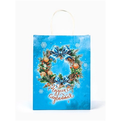 Пакет бумажный подарочный новогодний крафт «Чудеса случаются» 27×21×11 см