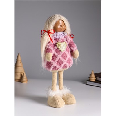 Интерьерная кукла текстильная «Малышка с хвостиками в розовом платье с сердцем», 14×8.5×32 см