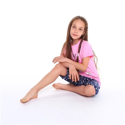 Пижама (футболка, бриджи) для девочки, розовый/синий, рост 122 см