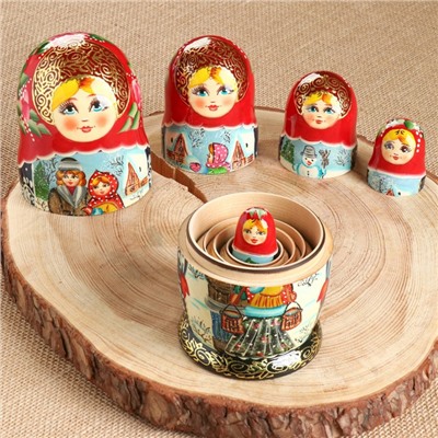 Матрёшка дерево «Парочка», красный платок,5 кукольная, люкс