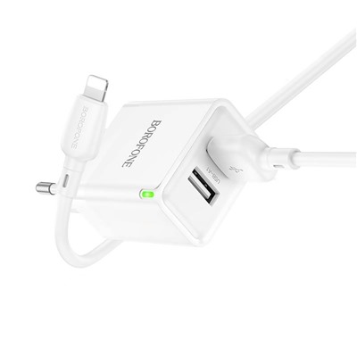 Адаптер Сетевой с кабелем Borofone BN15 Strong 2USB 2,1A/10,5W (USB/Lightning) (white)